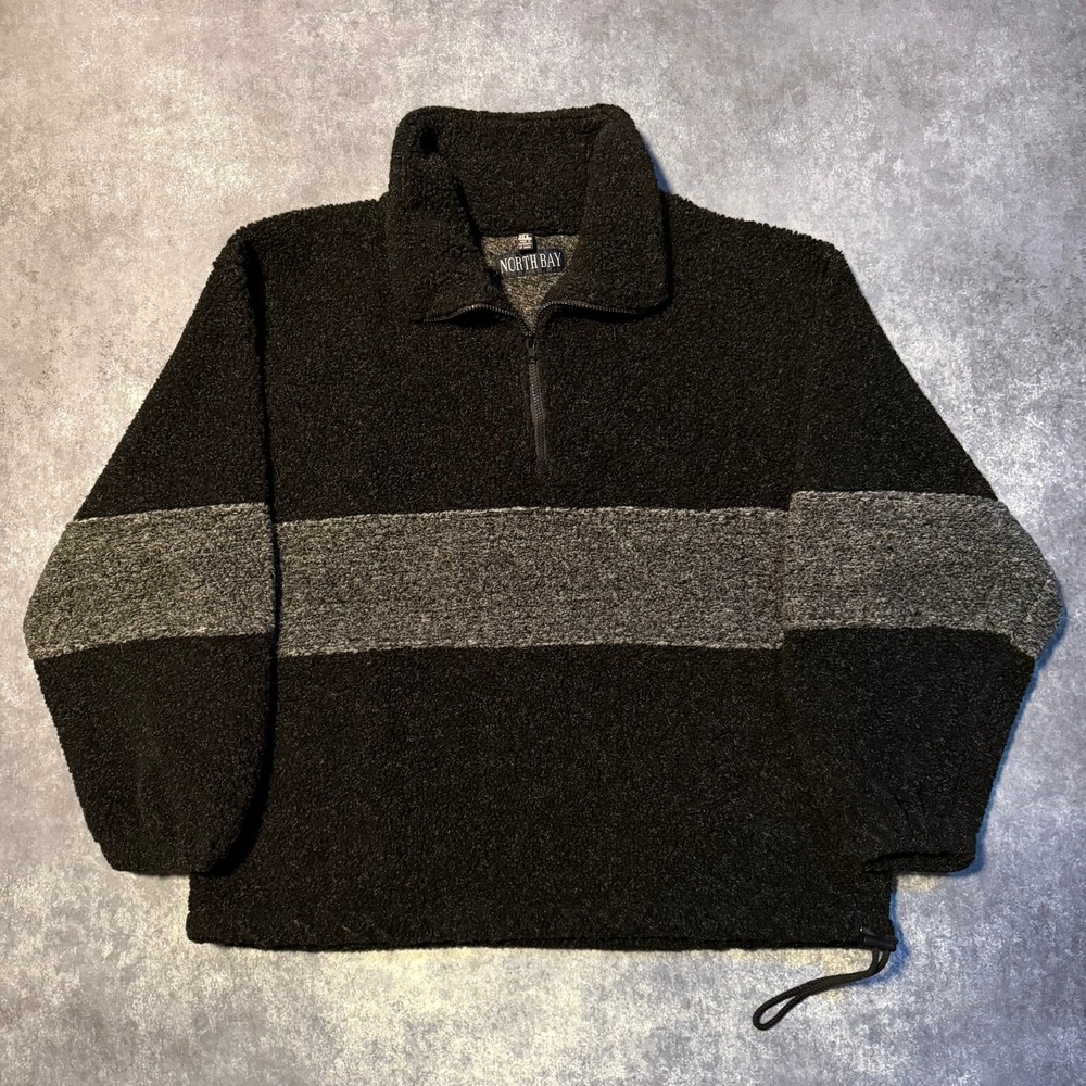 Vintage Mens XL Sherpa‎ Fleece Quarter Zip Pullover Black Gray Striped North Bay
